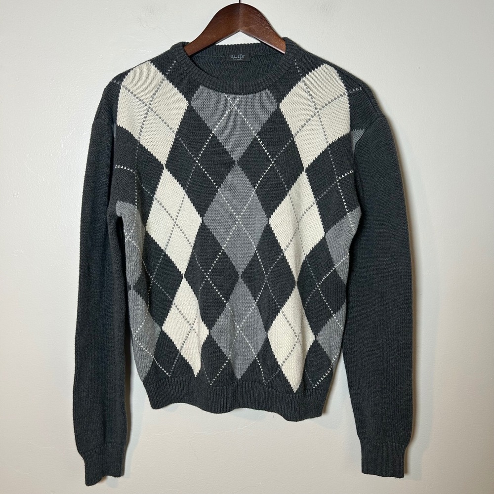 EUC John Galt Argyle Sweater Womens One Size Grey White Crew Neck Knit‎